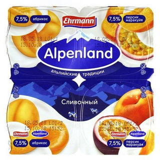 Йогурт Alpenland абрикос персик маракуйя 7,5% 95г